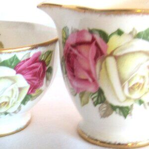 Vintage Queen Anne Lady Sylvia Creamer and Sugar Bowl, Roses, Brushed Gold  B773